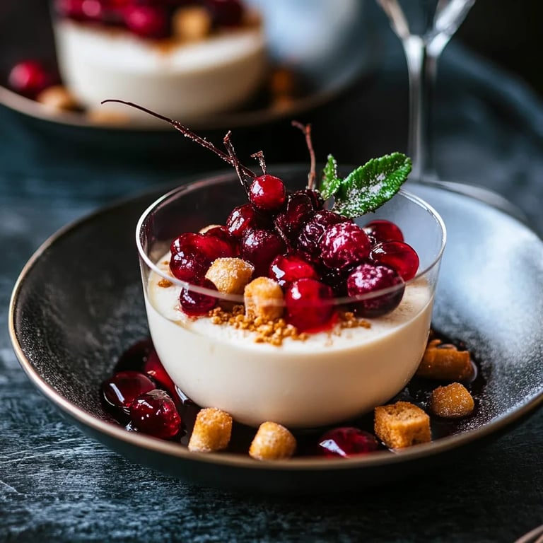 Lebkuchen Panna Cotta mit Glühweinkirschen