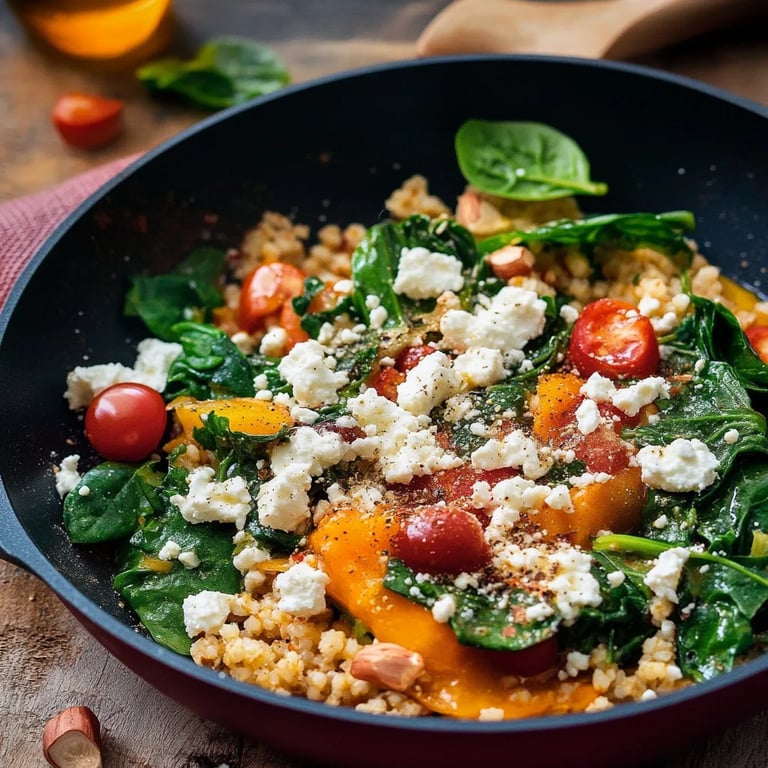 Hirsepfanne mit Kürbis, Spinat und Feta