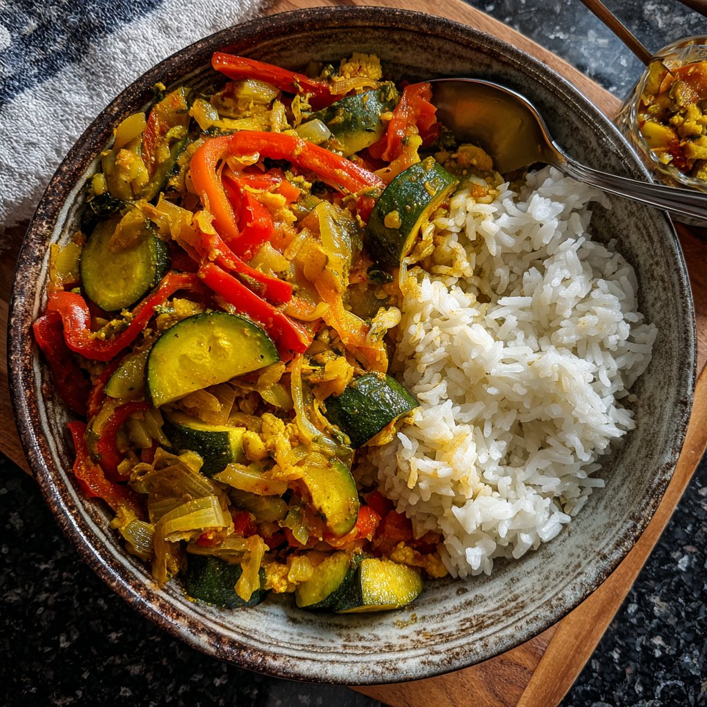 Mittagessen mit Gemüsepfanne und Reis