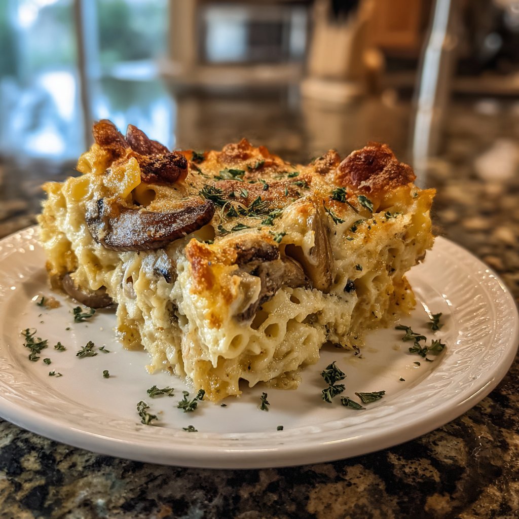 Vegetarischer Nudelauflauf mit Pilzen