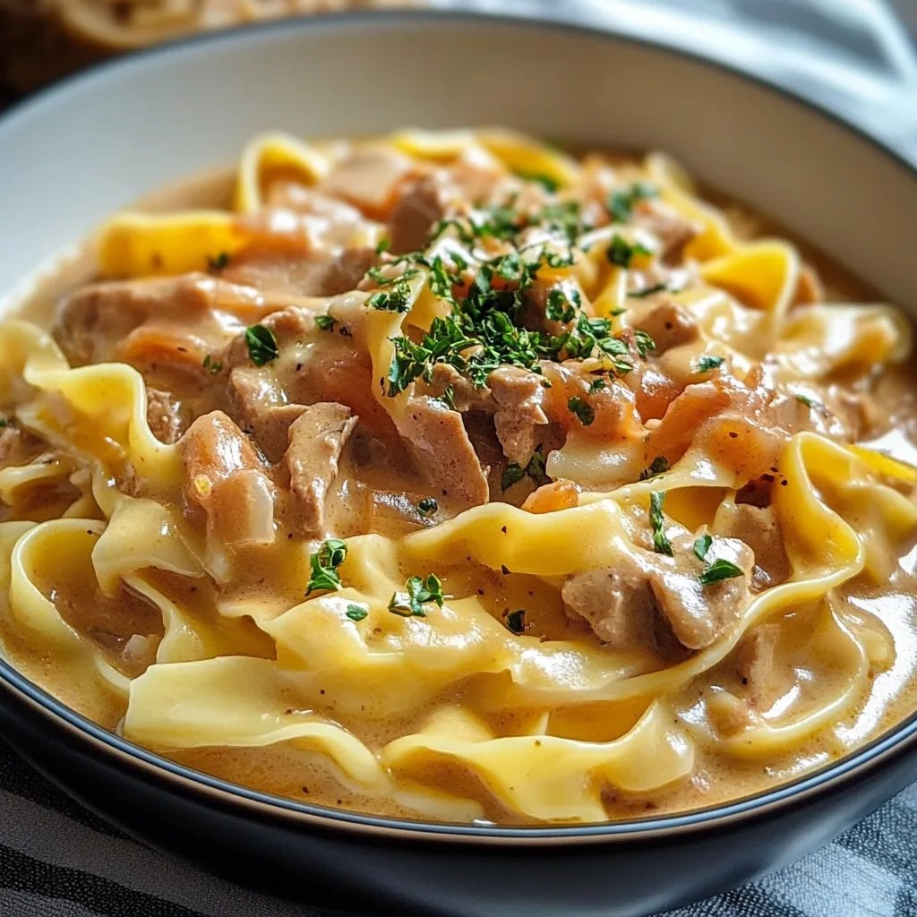 Cremiges Hähnchenragout mit Bandnudeln